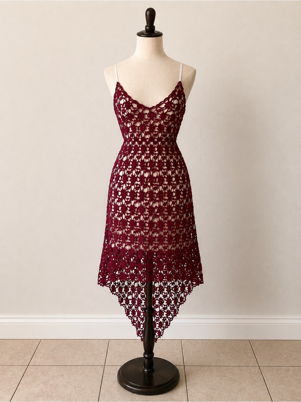 Spaghetti Strap Crochet Dress in Burgundy